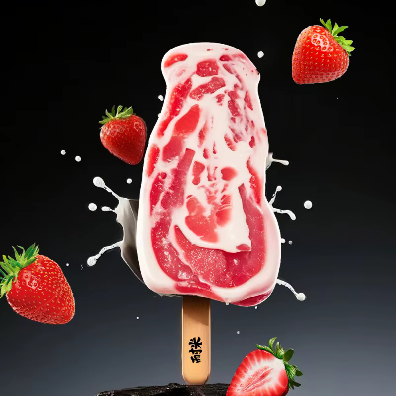 Steak ice cream by Nice Me a sweet creamy strawberry flavor. Don't let the raw look full you!
